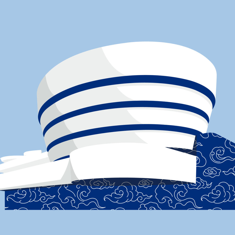 The Guggenheim Museum in New York, in blue and white, in blue with stylised clouds at its base.